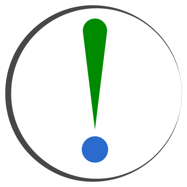 Notice, stylized blue and green exclamation mark